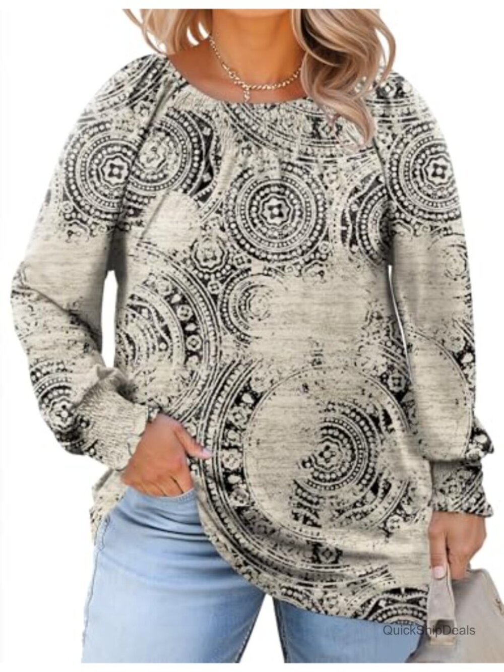 Plus Size Pleated Crewneck Long Sleeve Tunic Blouse Casual Dressy Top